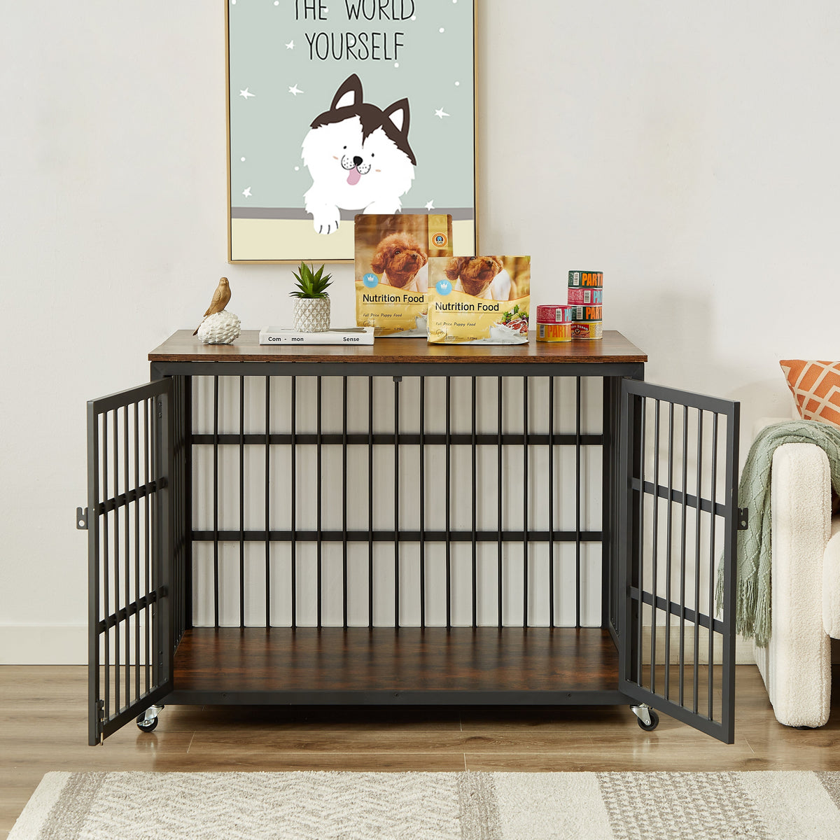 Furniture style dog crate with wrought iron doors used as an end table in a living room