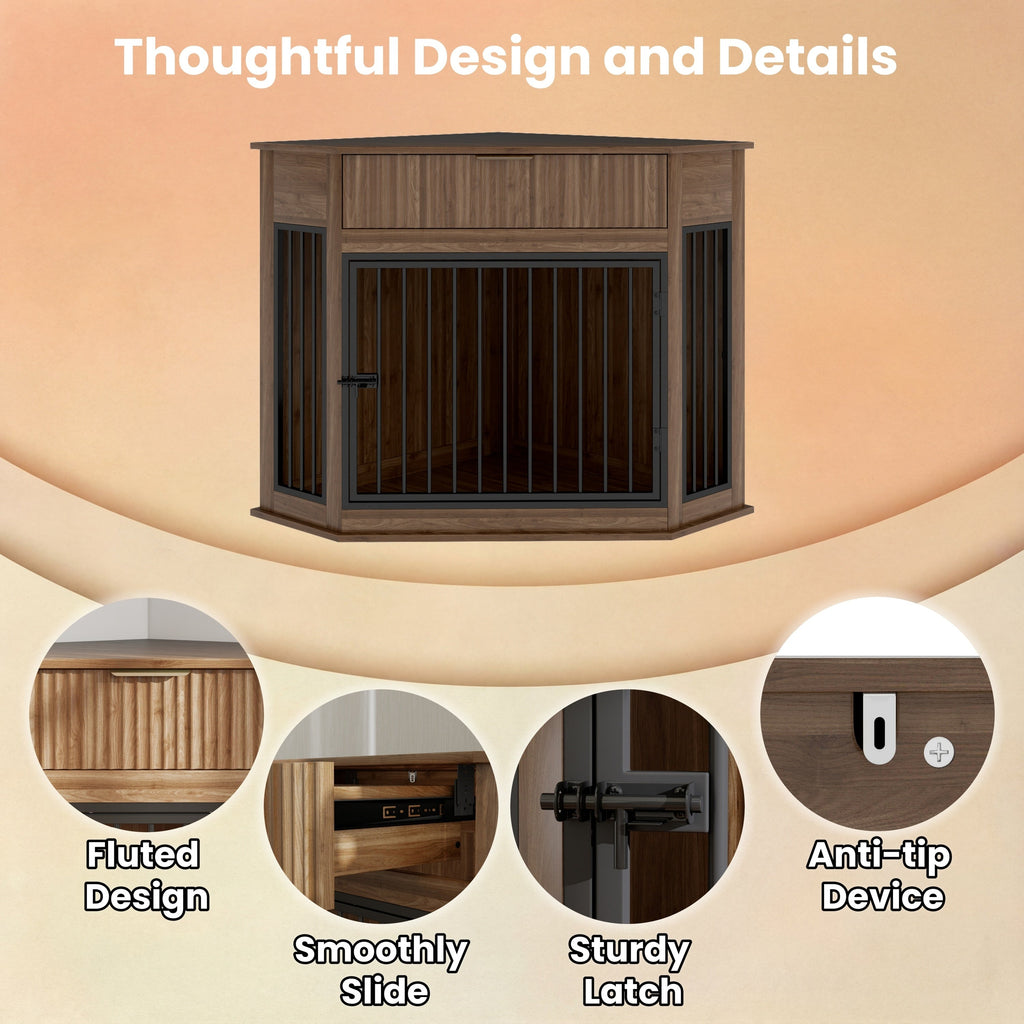 Corner Dog Crate Furniture with Fluted Drawer – MDF Wooden Dog