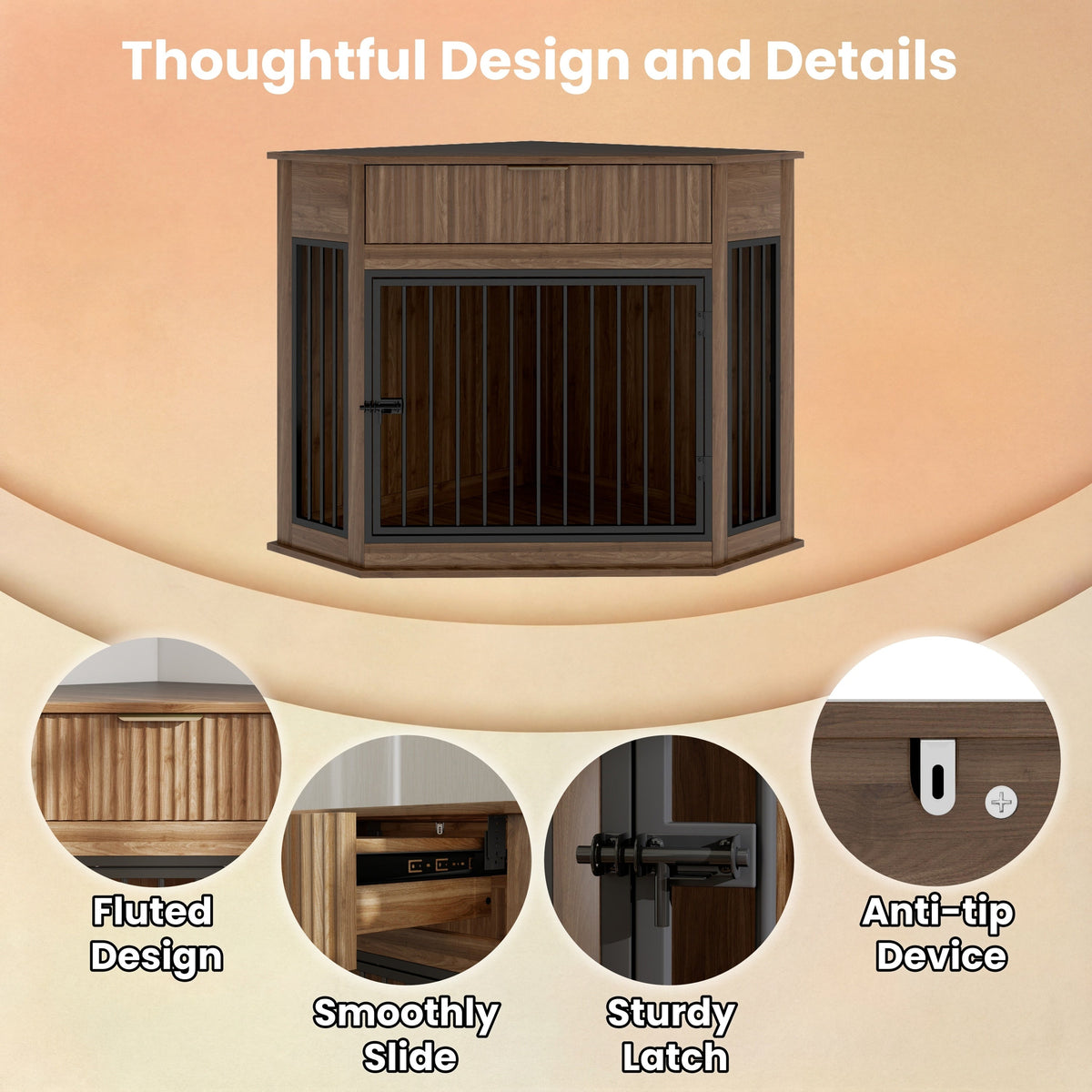 Corner Dog Crate Furniture with Fluted Drawer – MDF Wooden Dog
