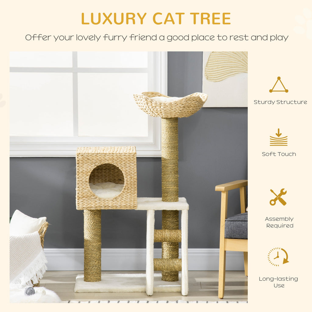 Cattail Weave Cat Tree for Indoor Cats Kitty Tower with Rattan Cat