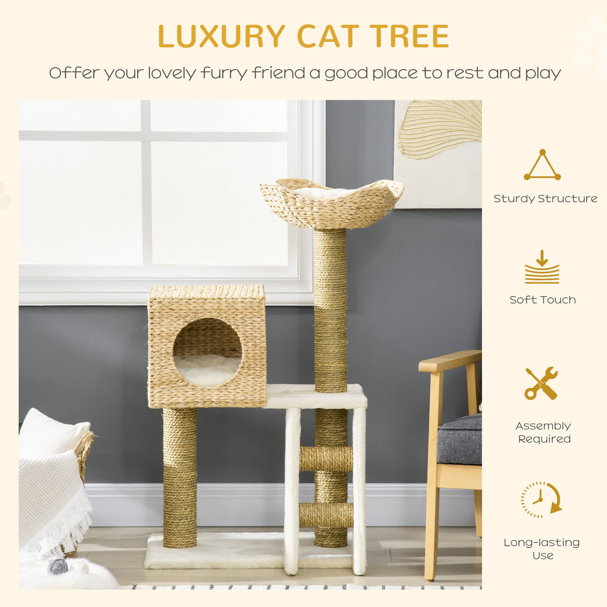 Cattail Weave Cat Tree for Indoor Cats Kitty Tower with Rattan Cat