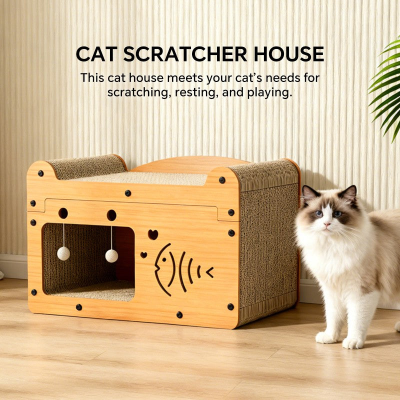 Bubble Fish Cat Scratcher Sofa – Wooden Lounge with 2 Teaser Balls