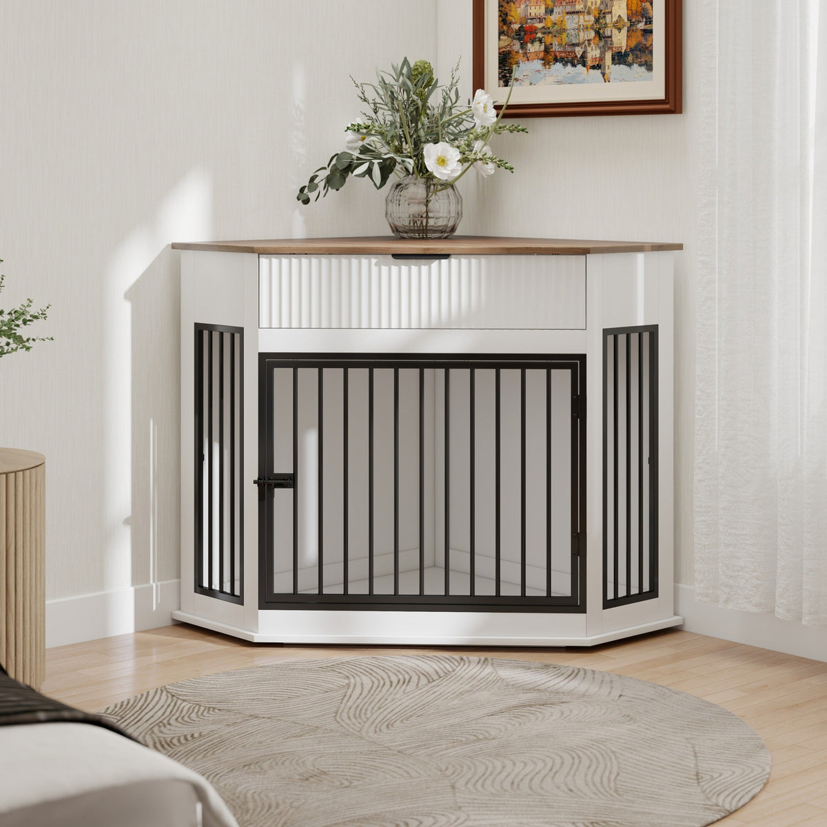 Corner Dog Crate Furniture with Fluted Drawer – MDF Wooden Dog