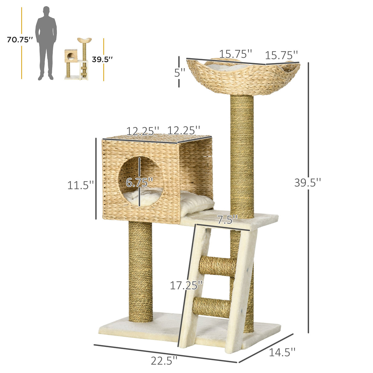 Cattail Weave Cat Tree for Indoor Cats Kitty Tower with Rattan Cat
