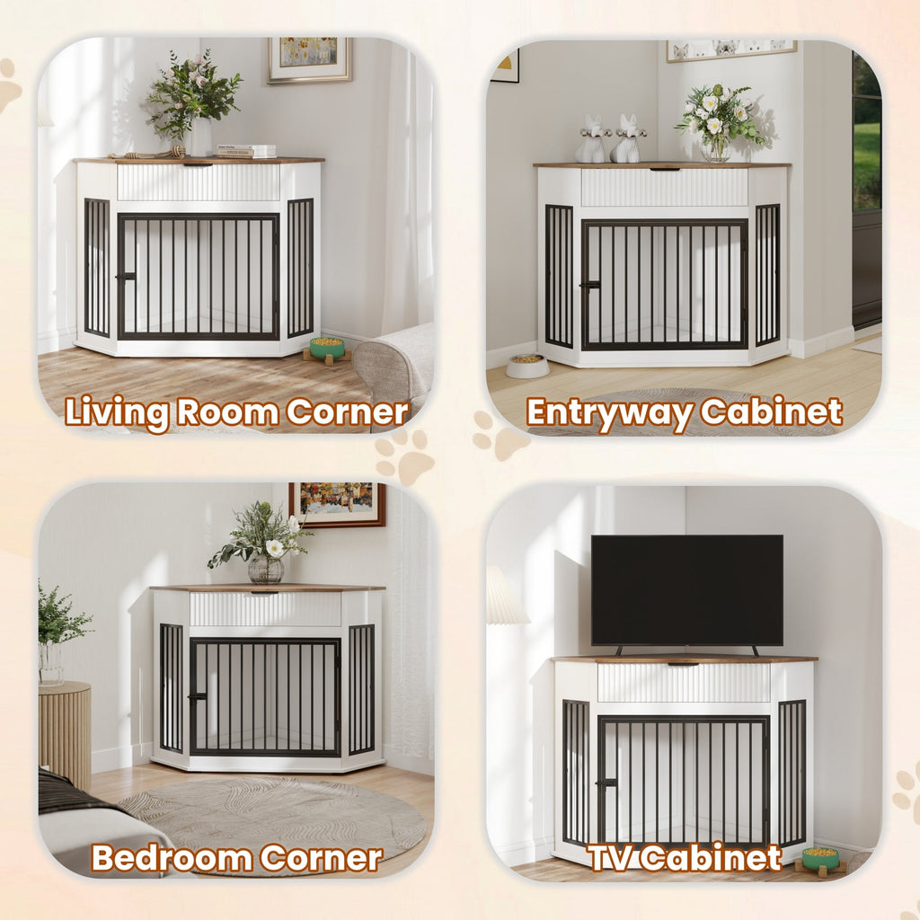 Corner Dog Crate Furniture with Fluted Drawer – MDF Wooden Dog