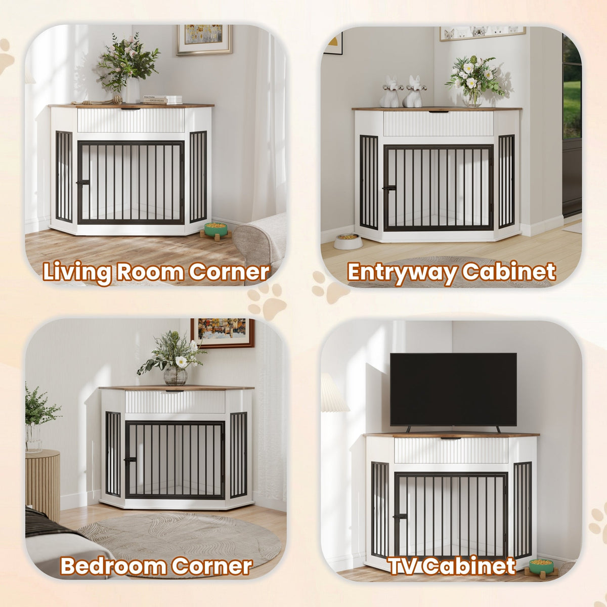 Corner Dog Crate Furniture with Fluted Drawer – MDF Wooden Dog