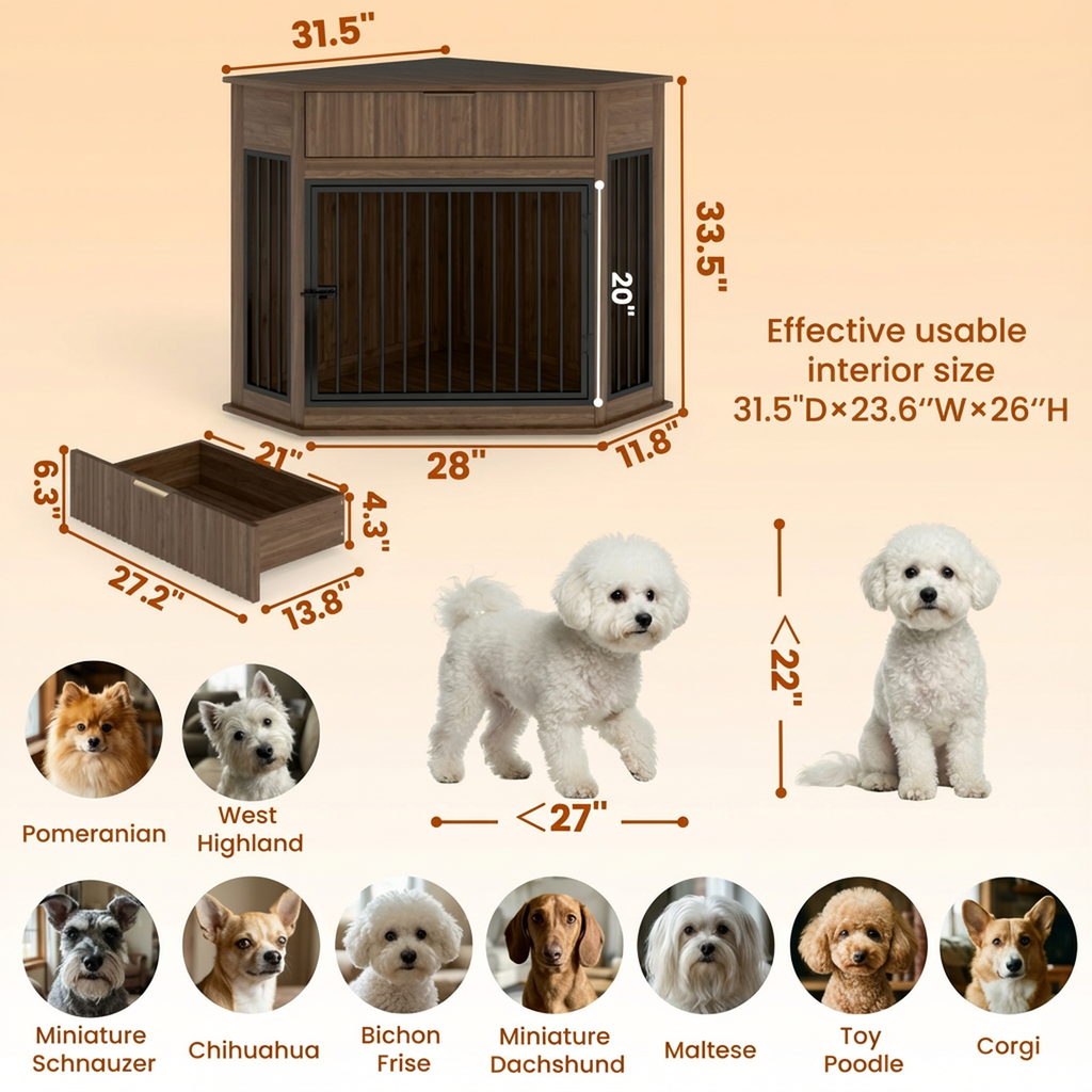 Corner Dog Crate Furniture with Fluted Drawer – MDF Wooden Dog