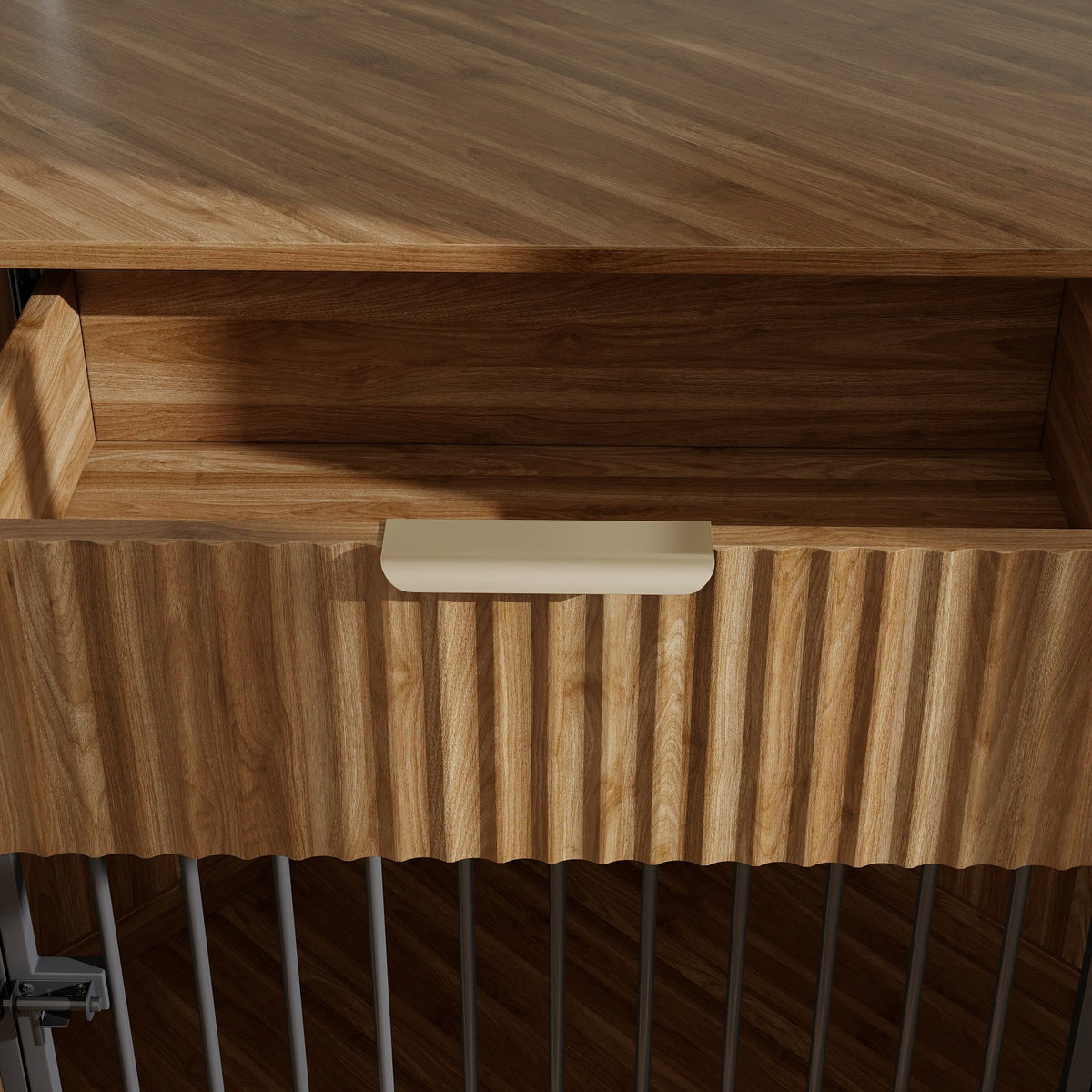 Corner Dog Crate Furniture with Fluted Drawer – MDF Wooden Dog