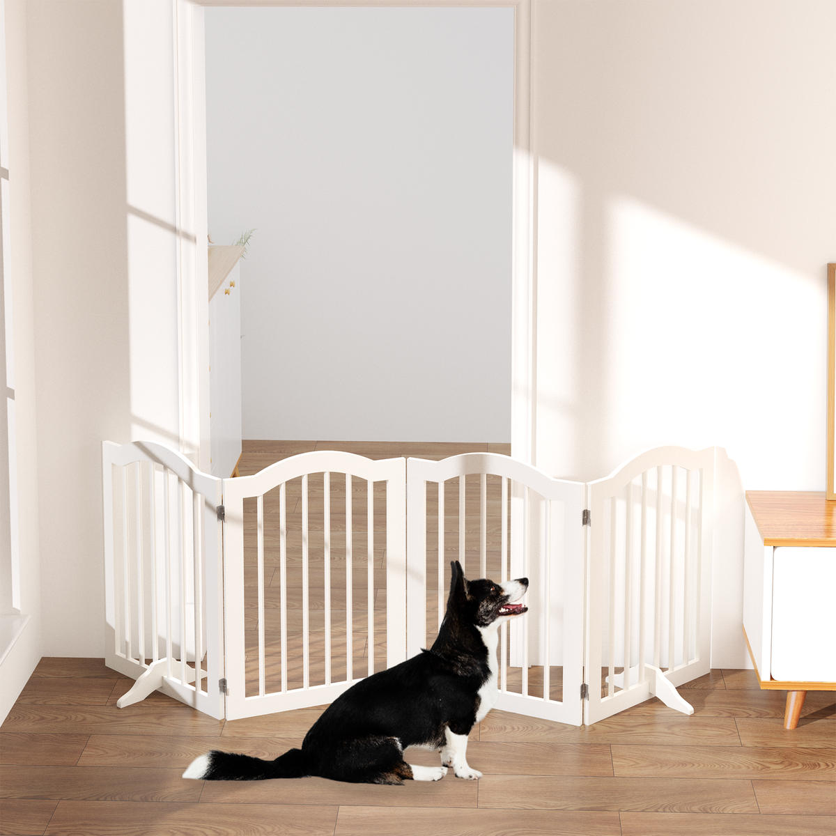 Tall Freestanding Wooden Pet Gate – 27.6" Foldable 4-Panel Dog Safety