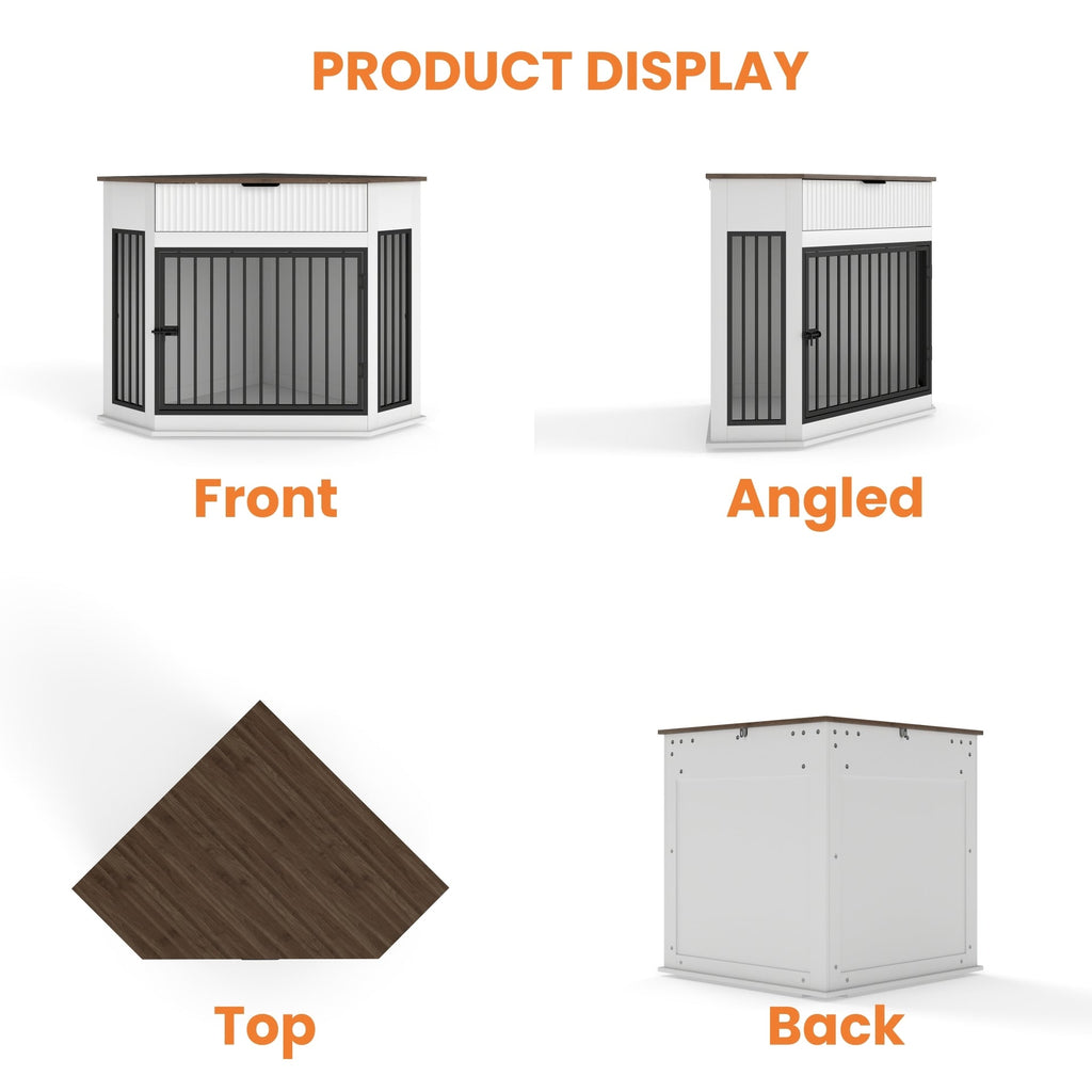 Corner Dog Crate Furniture with Fluted Drawer – MDF Wooden Dog