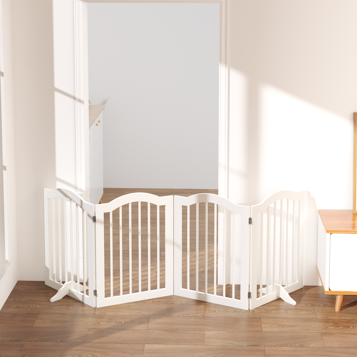 Tall Freestanding Wooden Pet Gate – 27.6" Foldable 4-Panel Dog Safety