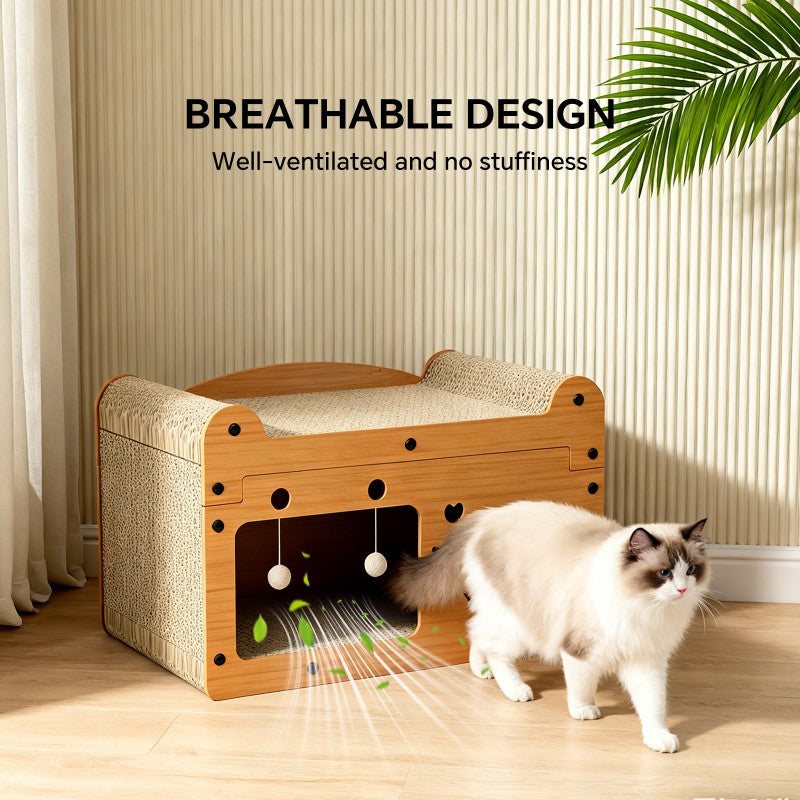 Bubble Fish Cat Scratcher Sofa – Wooden Lounge with 2 Teaser Balls