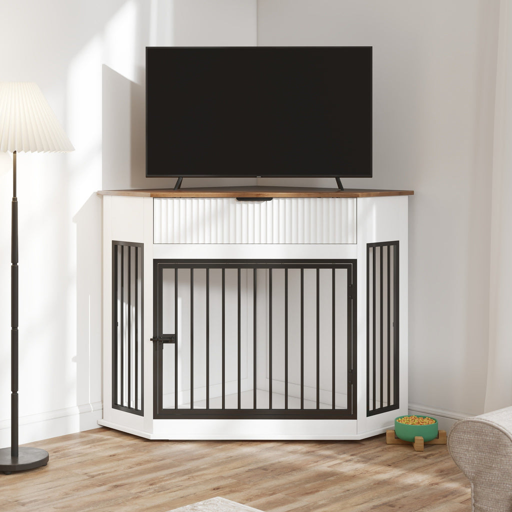 Corner Dog Crate Furniture with Fluted Drawer – MDF Wooden Dog