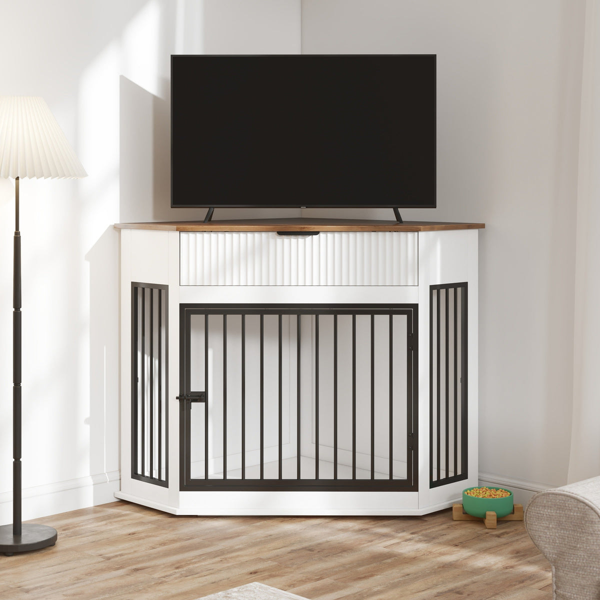 Corner Dog Crate Furniture with Fluted Drawer – MDF Wooden Dog