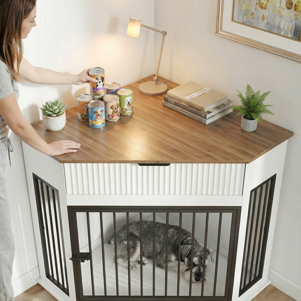 Corner Dog Crate Furniture with Fluted Drawer – MDF Wooden Dog