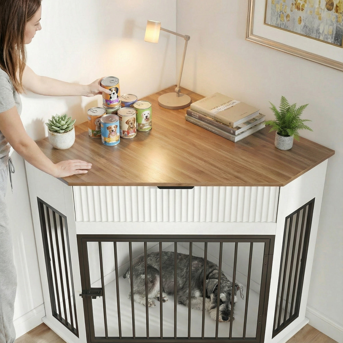 Corner Dog Crate Furniture with Fluted Drawer – MDF Wooden Dog