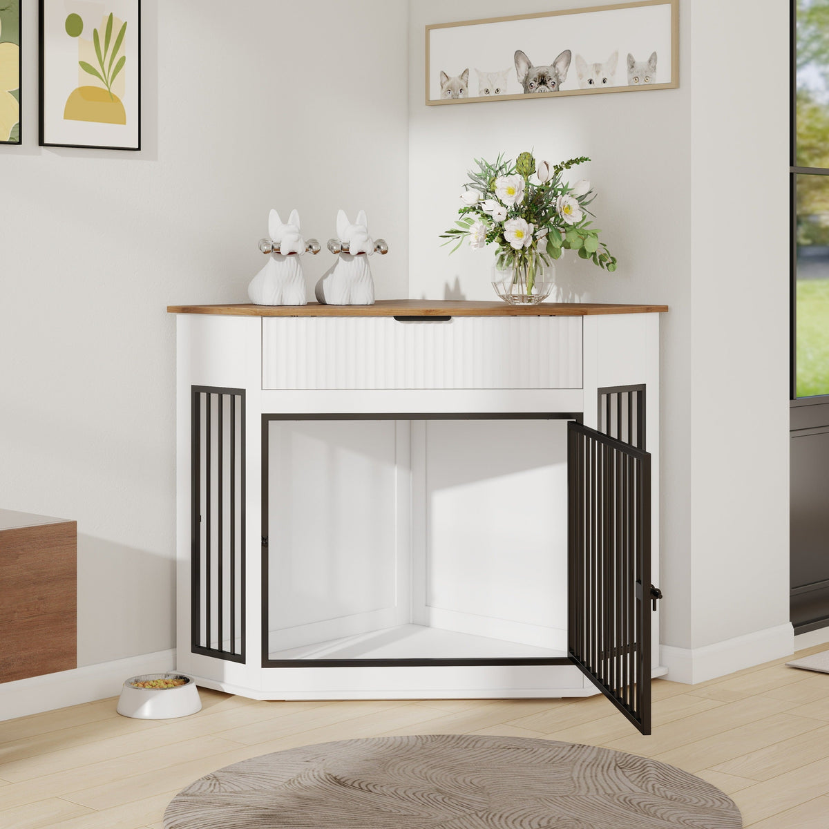 Corner Dog Crate Furniture with Fluted Drawer – MDF Wooden Dog