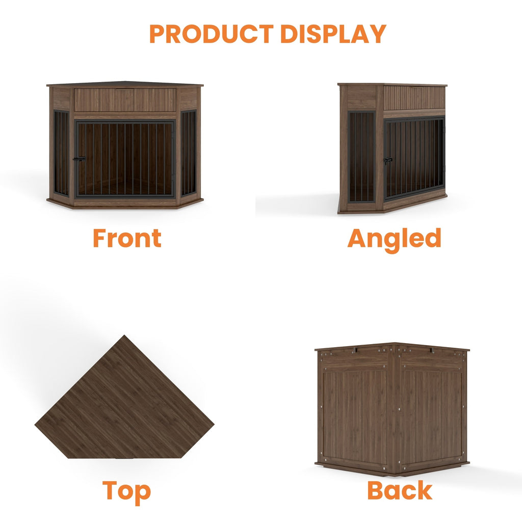 Corner Dog Crate Furniture with Fluted Drawer – MDF Wooden Dog
