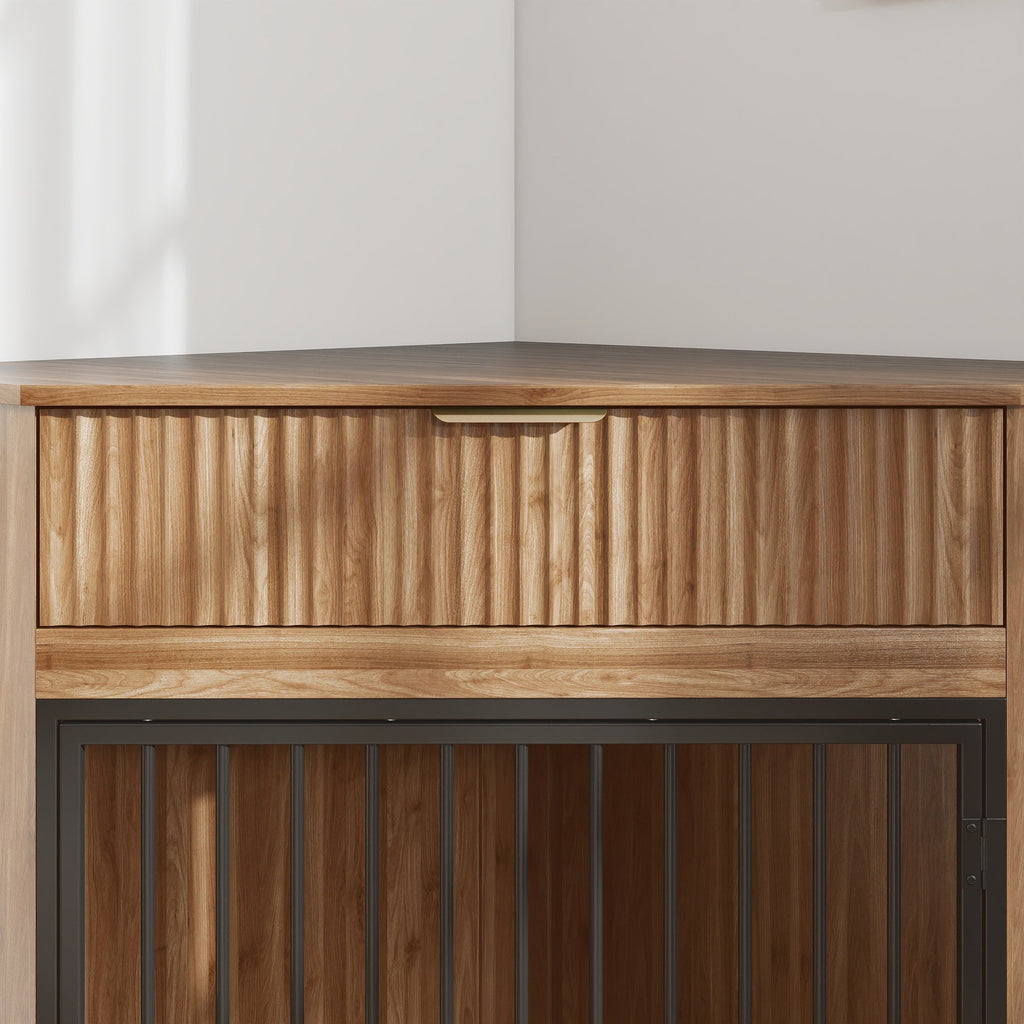 Corner Dog Crate Furniture with Fluted Drawer – MDF Wooden Dog
