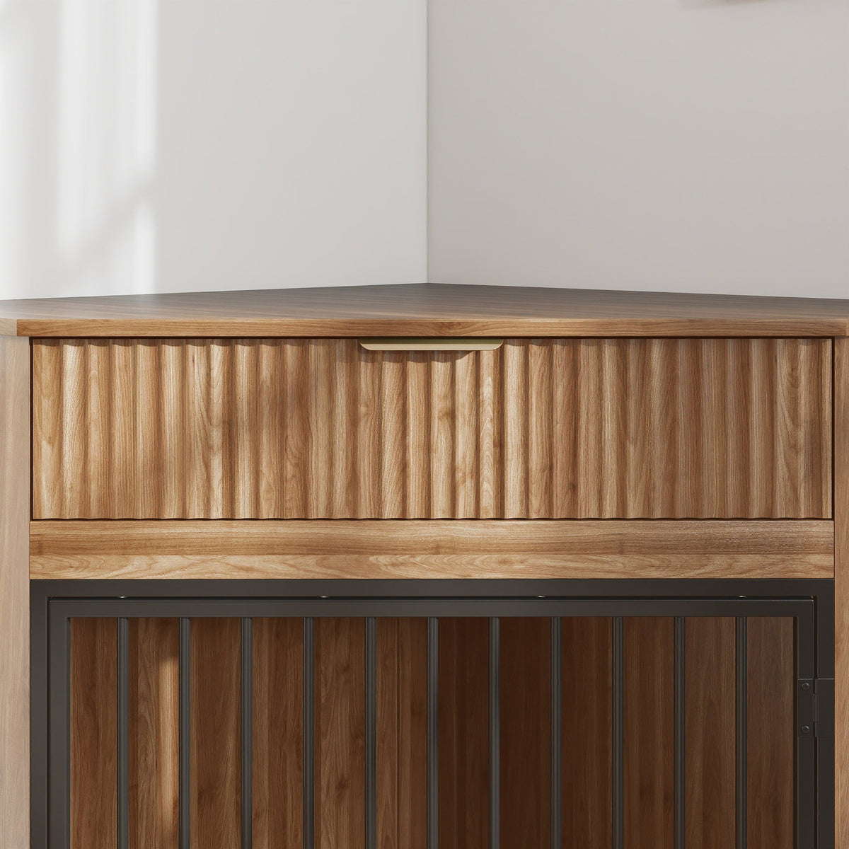 Corner Dog Crate Furniture with Fluted Drawer – MDF Wooden Dog