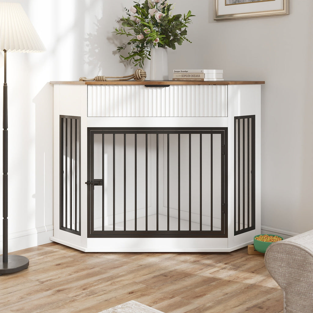 Corner Dog Crate Furniture with Fluted Drawer – MDF Wooden Dog