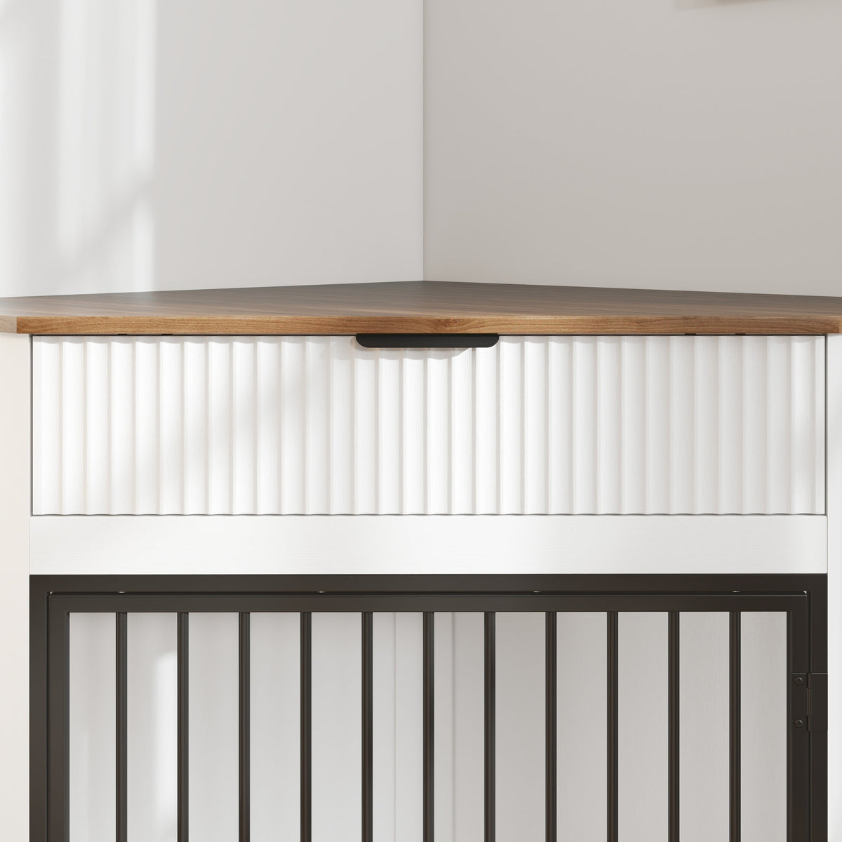 Corner Dog Crate Furniture with Fluted Drawer – MDF Wooden Dog