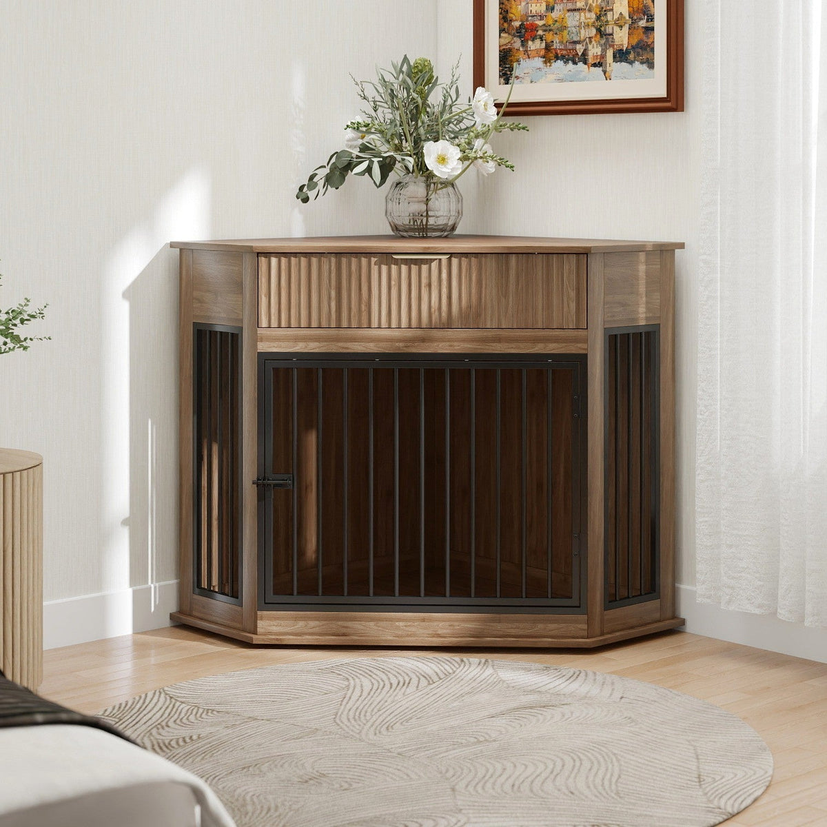 Corner Dog Crate Furniture with Fluted Drawer – MDF Wooden Dog
