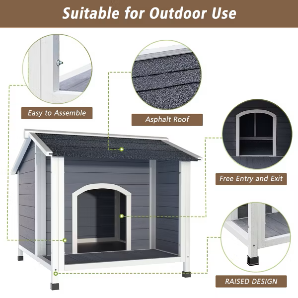 Outdoor Wooden Dog House – Weatherproof Dog Shelter with Asphalt Roof