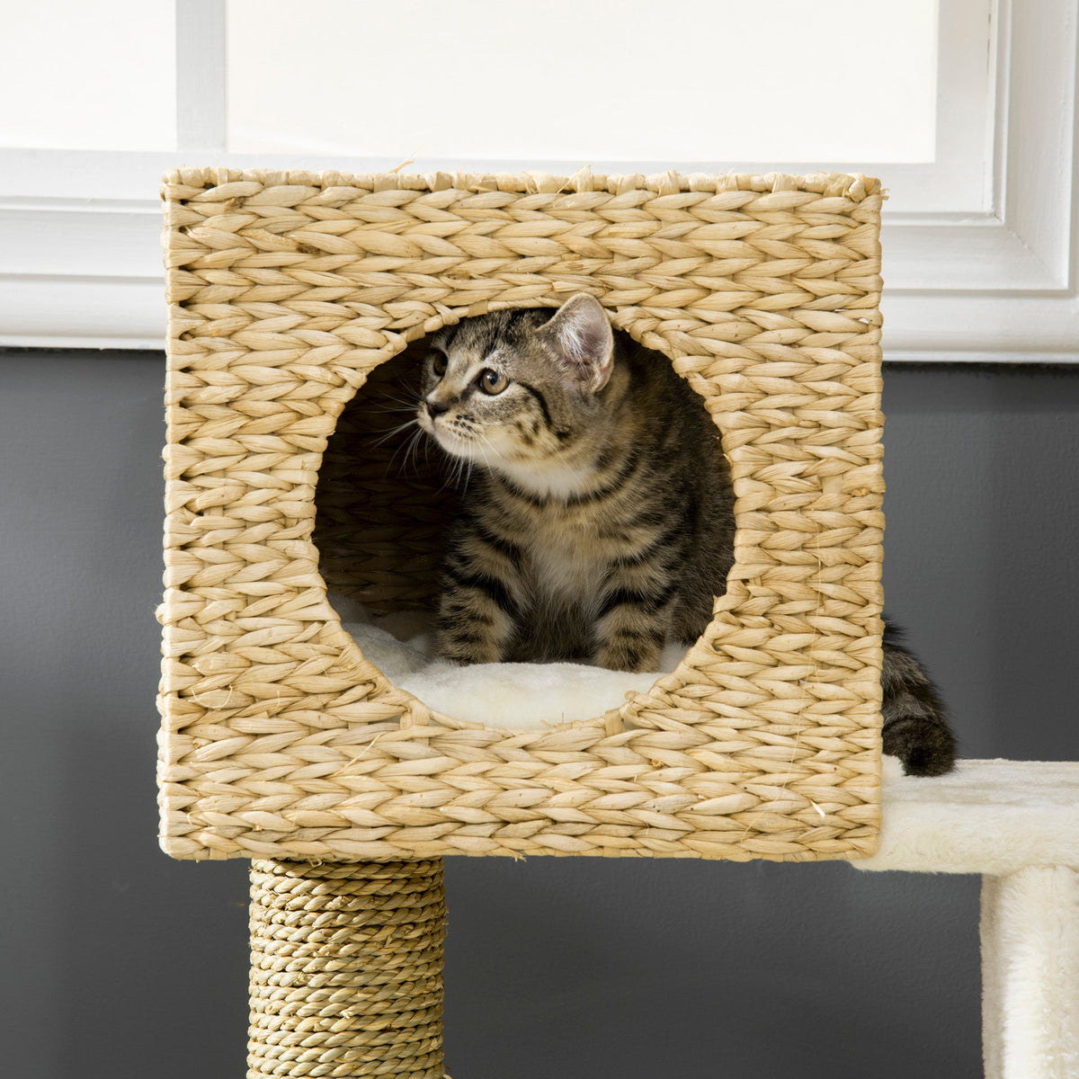 Cattail Weave Cat Tree for Indoor Cats Kitty Tower with Rattan Cat