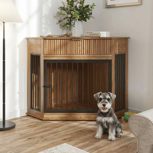Corner Dog Crate Furniture with Fluted Drawer – MDF Wooden Dog