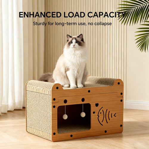 Bubble Fish Cat Scratcher Sofa – Wooden Lounge with 2 Teaser Balls
