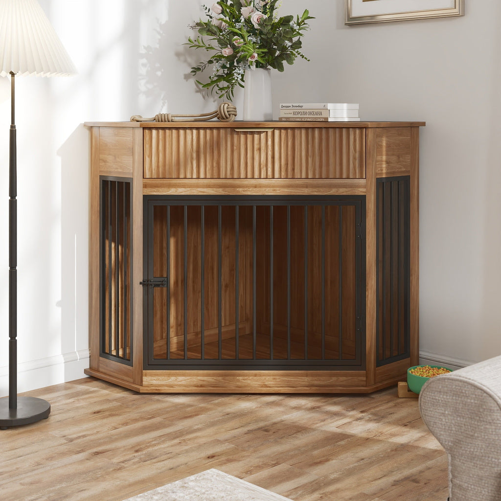 Corner Dog Crate Furniture with Fluted Drawer – MDF Wooden Dog