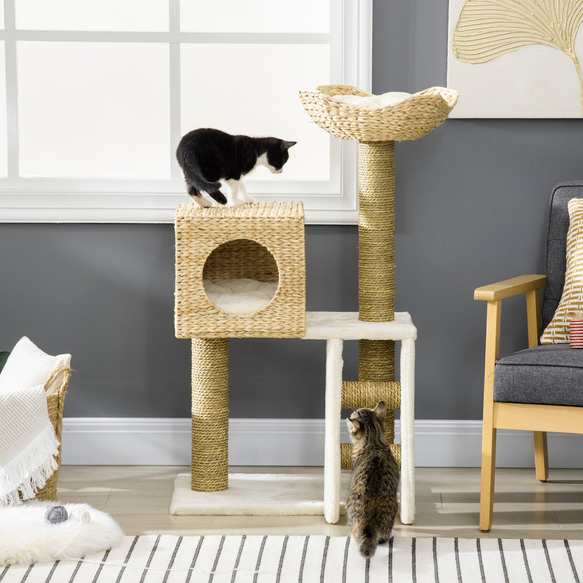 Cattail Weave Cat Tree for Indoor Cats Kitty Tower with Rattan Cat