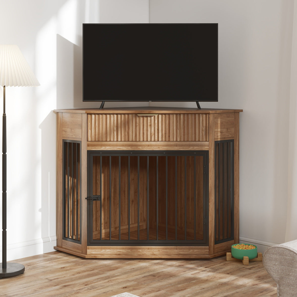 Corner Dog Crate Furniture with Fluted Drawer – MDF Wooden Dog