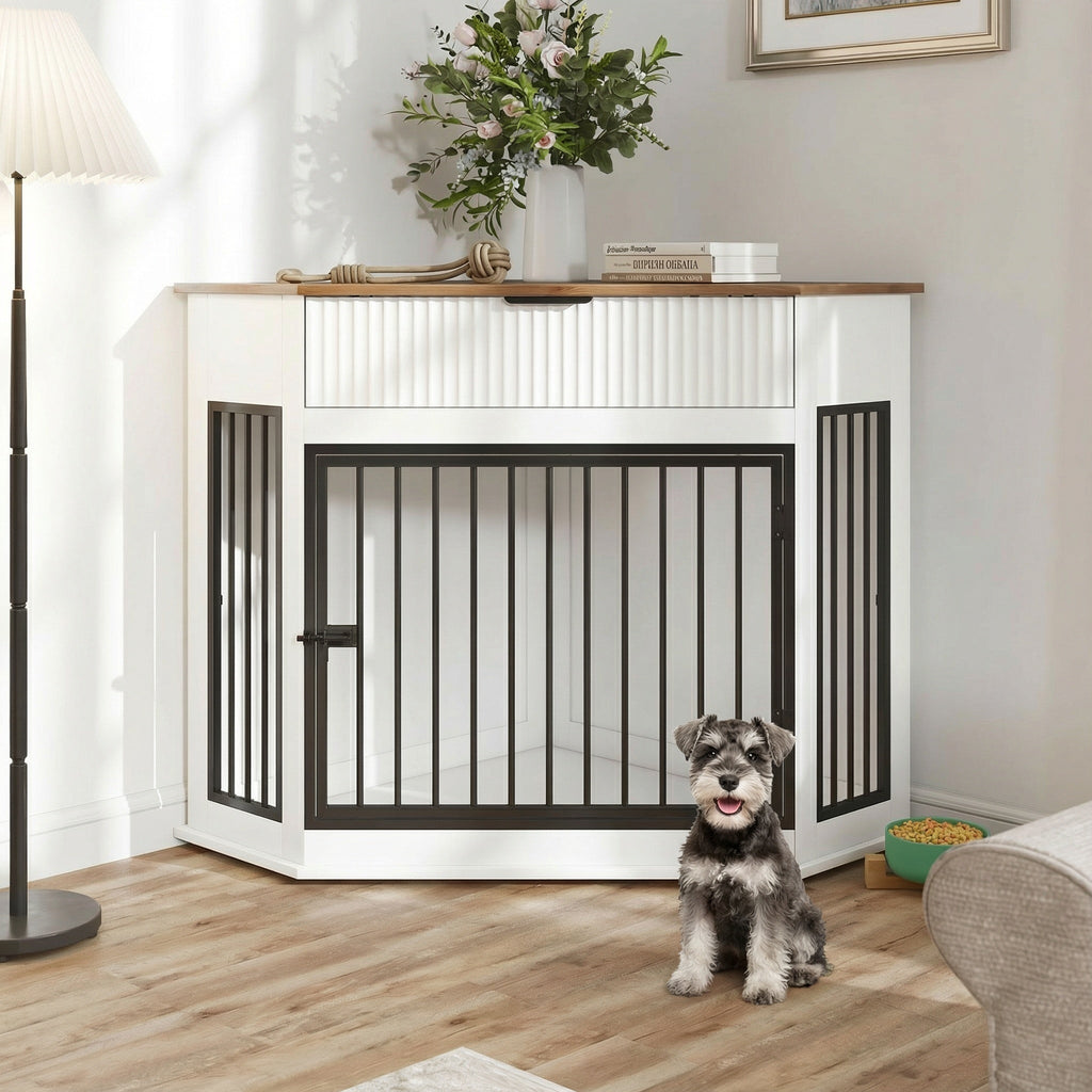 Corner Dog Crate Furniture with Fluted Drawer – MDF Wooden Dog