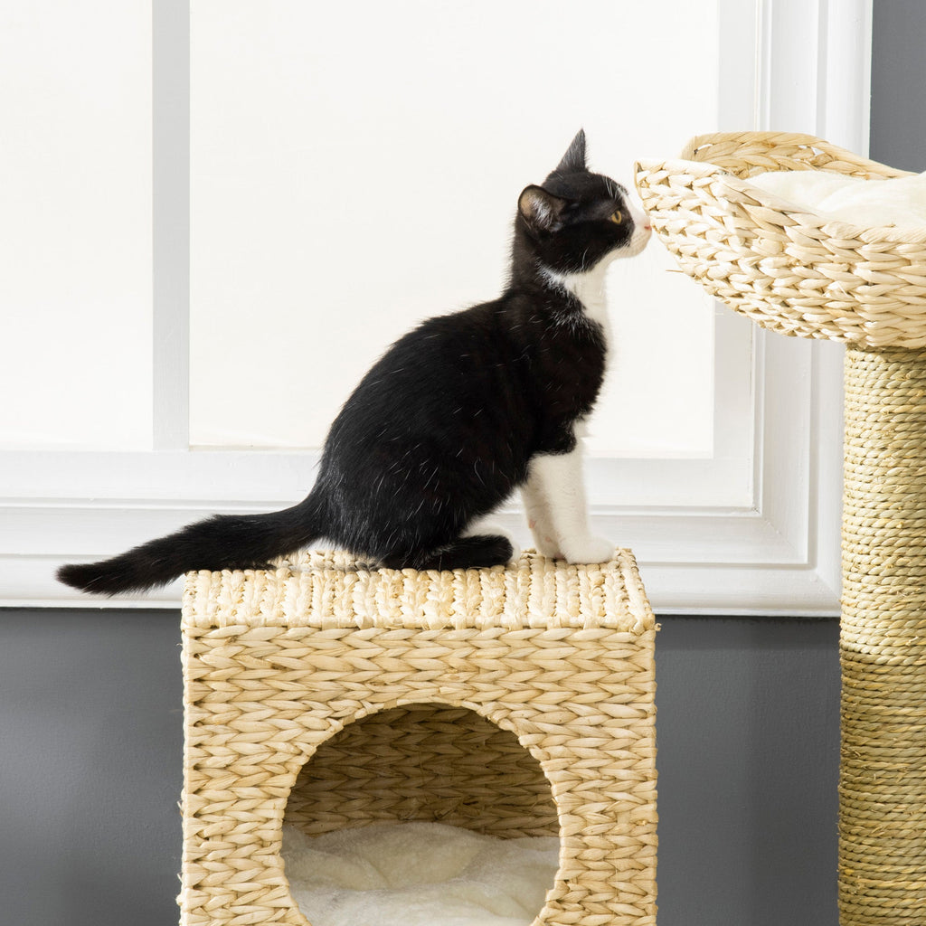 Cattail Weave Cat Tree for Indoor Cats Kitty Tower with Rattan Cat