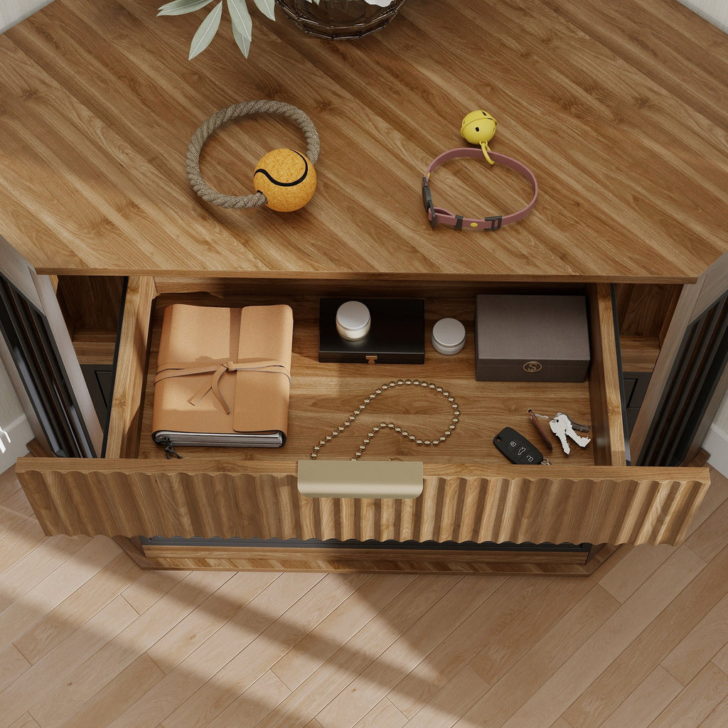 Corner Dog Crate Furniture with Fluted Drawer – MDF Wooden Dog