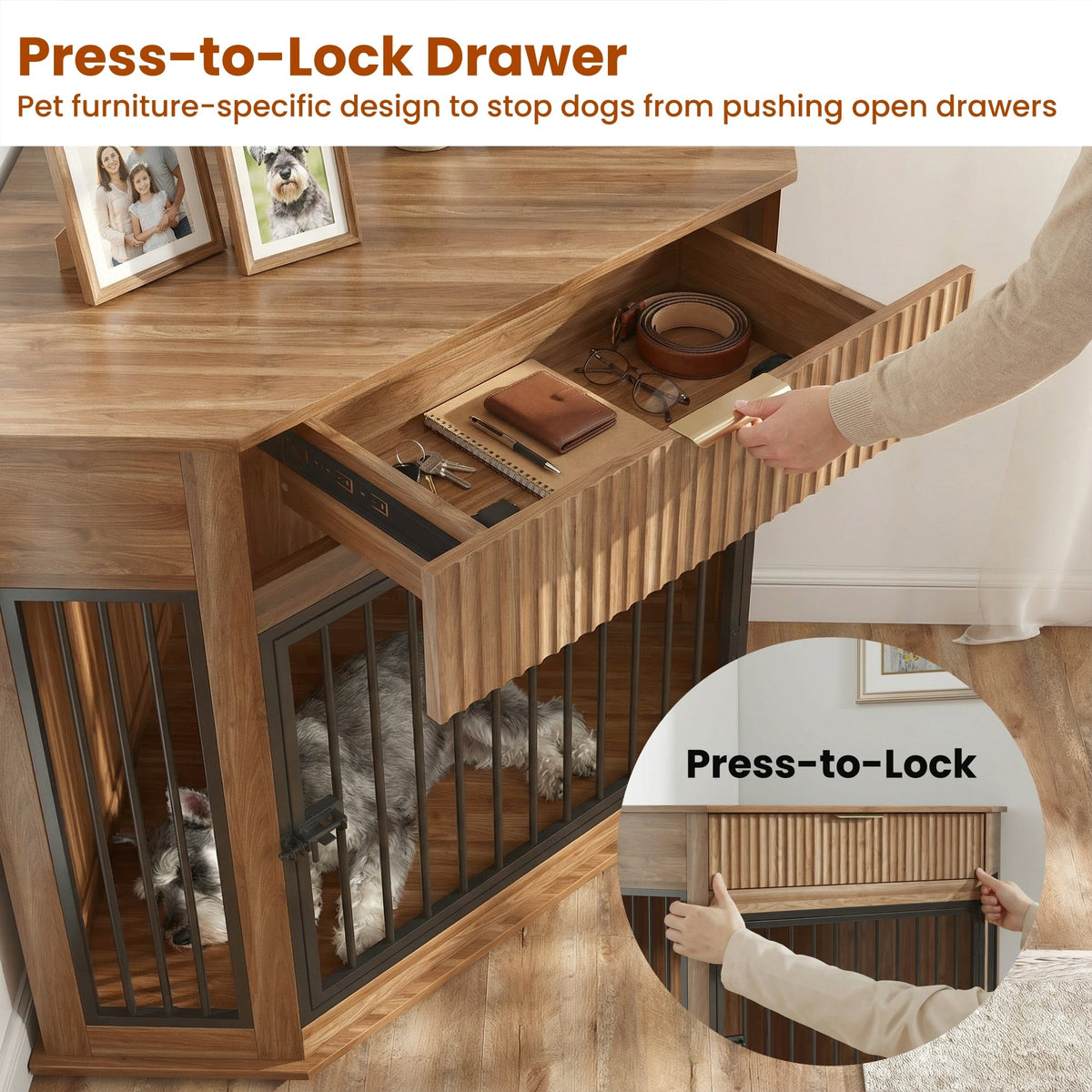 Corner Dog Crate Furniture with Fluted Drawer – MDF Wooden Dog