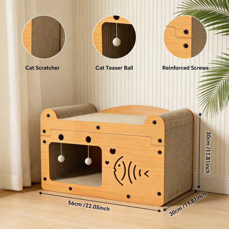 Bubble Fish Cat Scratcher Sofa – Wooden Lounge with 2 Teaser Balls