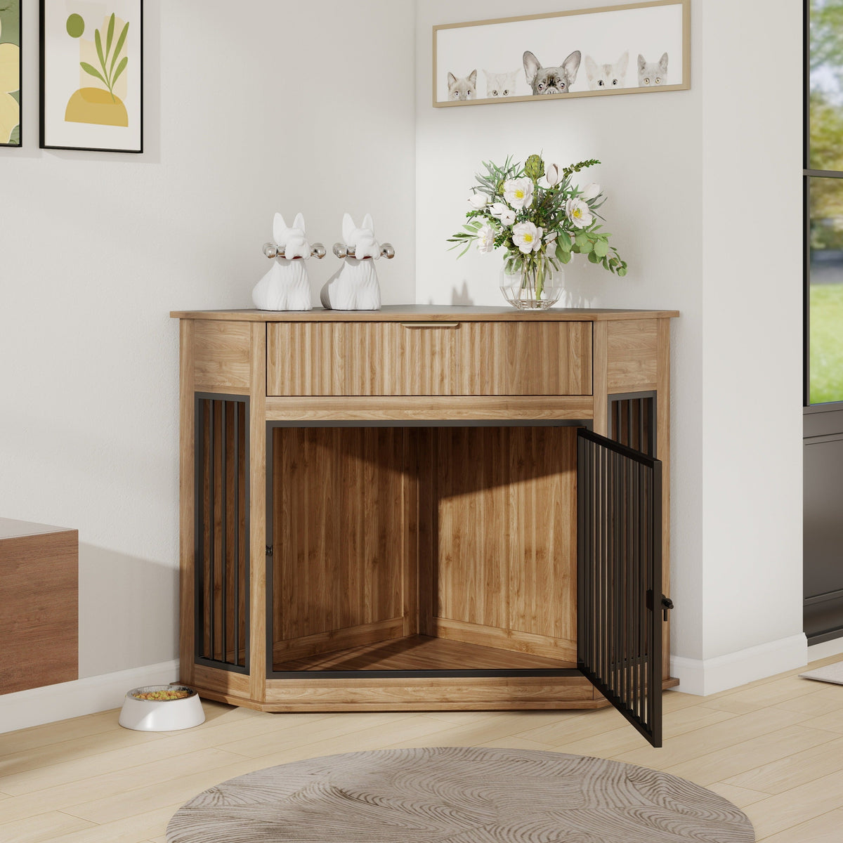 Corner Dog Crate Furniture with Fluted Drawer – MDF Wooden Dog