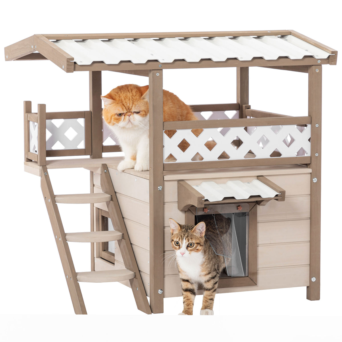 Feral Cat House – 2-Story Outdoor/Indoor Kitty House with PVC Roof, Escape Door & Balcony