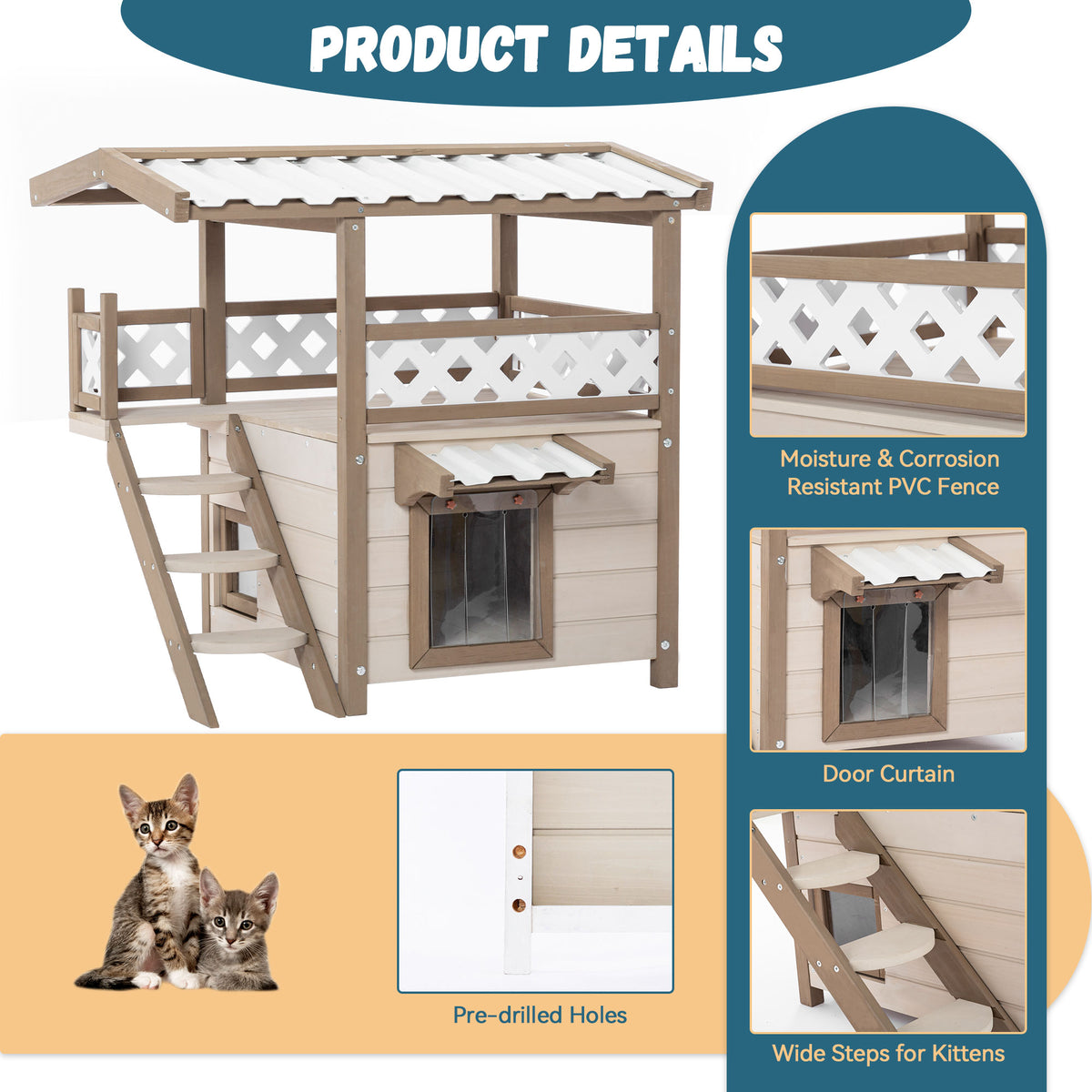 Feral Cat House – 2-Story Outdoor/Indoor Kitty House with PVC Roof, Escape Door & Balcony