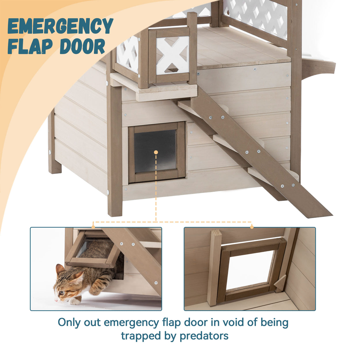 Feral Cat House – 2-Story Outdoor/Indoor Kitty House with PVC Roof, Escape Door & Balcony