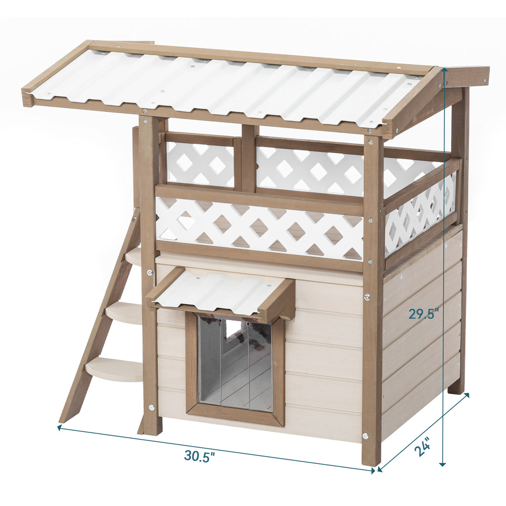 Feral Cat House – 2-Story Outdoor/Indoor Kitty House with PVC Roof, Escape Door & Balcony