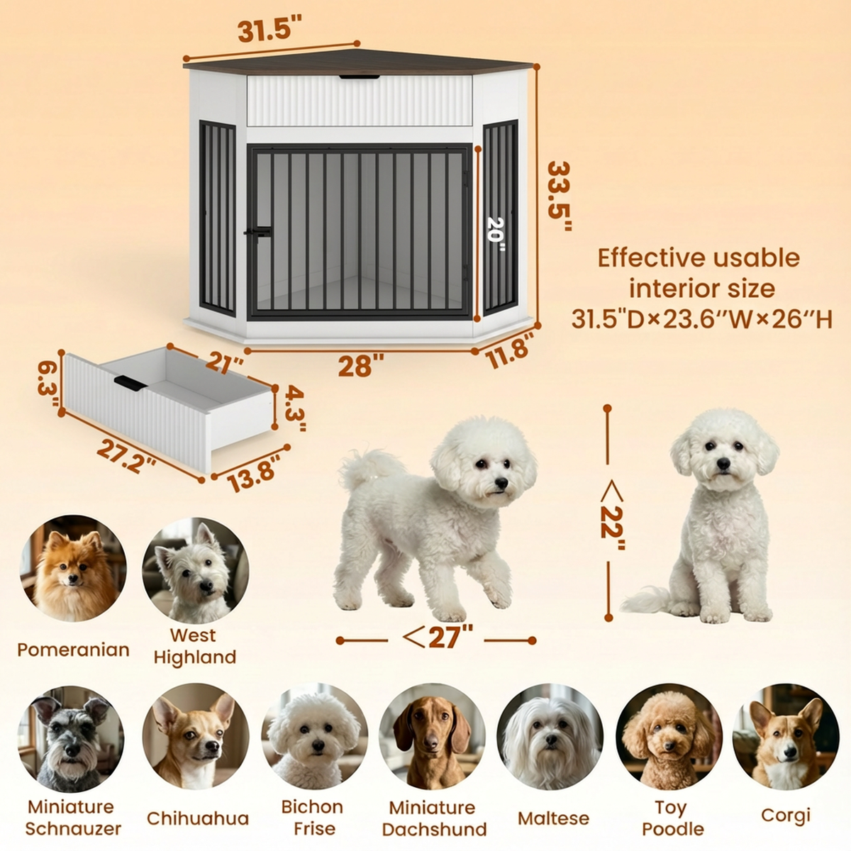 Corner Dog Crate Furniture with Fluted Drawer – MDF Wooden Dog