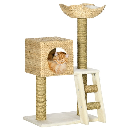 Cattail Weave Cat Tree for Indoor Cats Kitty Tower with Rattan Cat