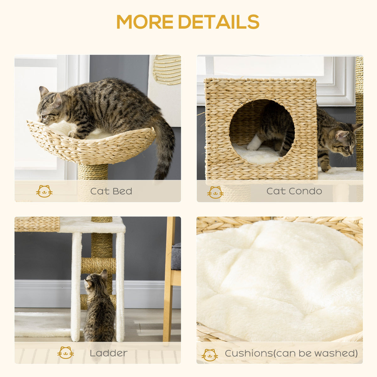 Cattail Weave Cat Tree for Indoor Cats Kitty Tower with Rattan Cat