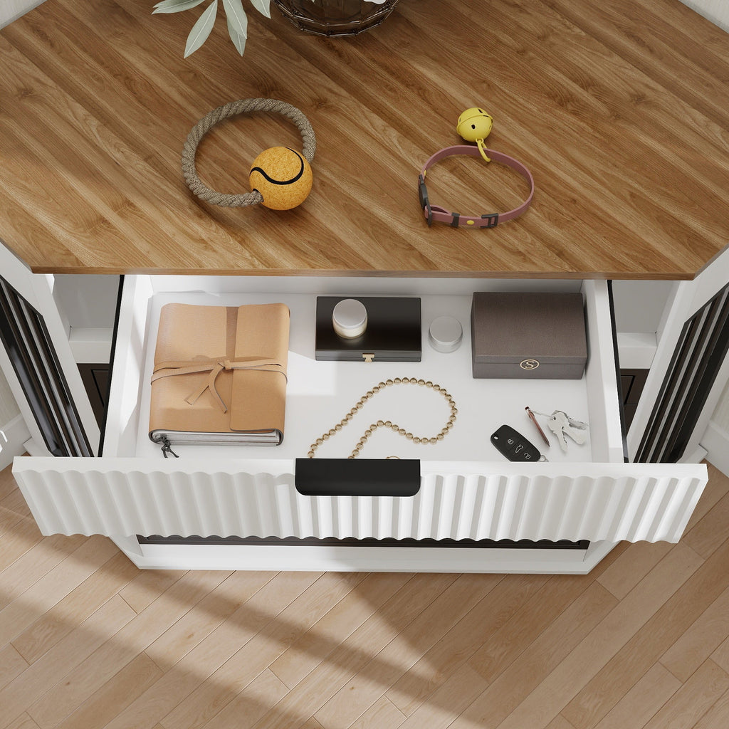 Corner Dog Crate Furniture with Fluted Drawer – MDF Wooden Dog