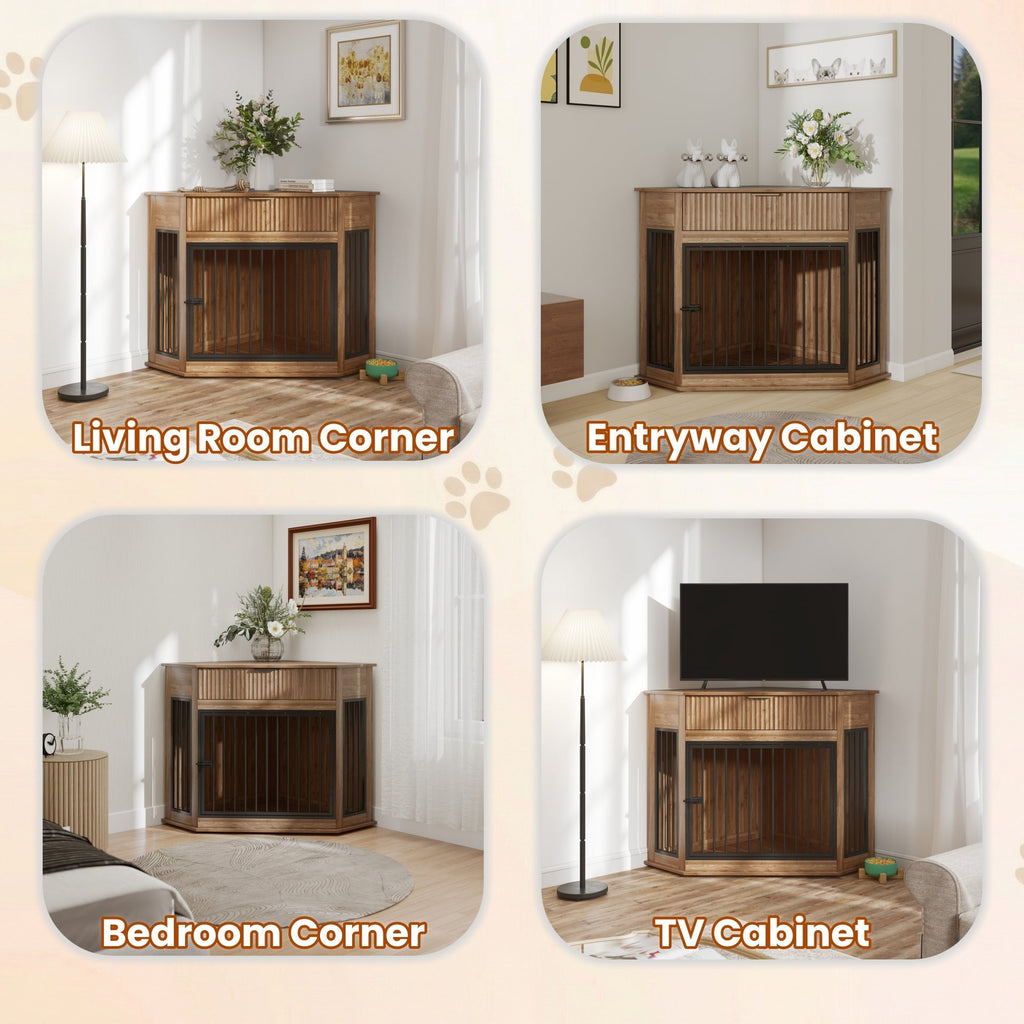 Corner Dog Crate Furniture with Fluted Drawer – MDF Wooden Dog