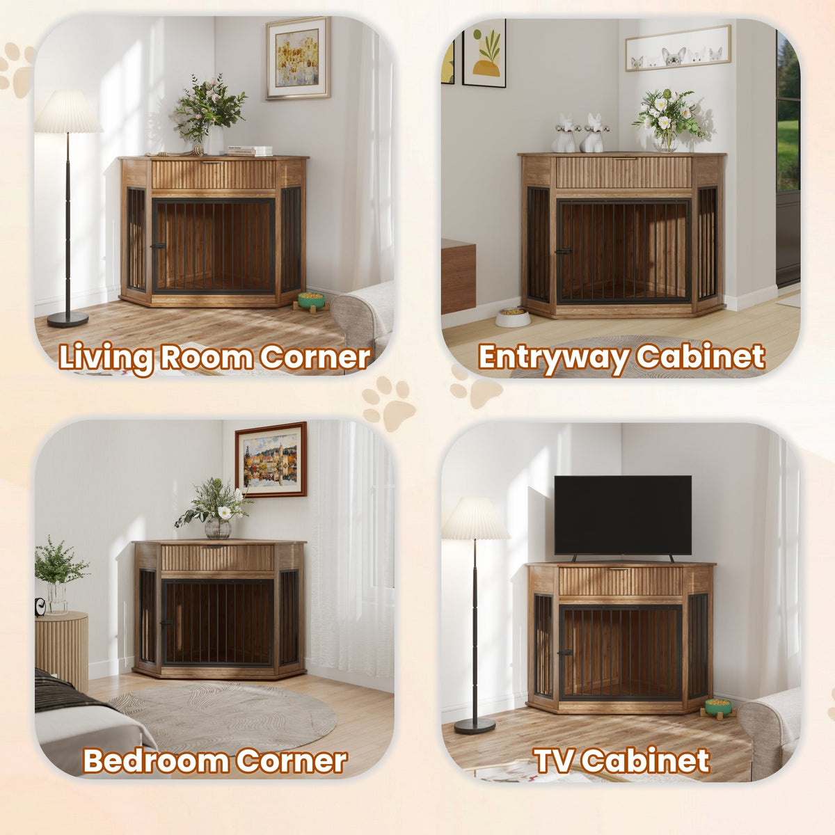 Corner Dog Crate Furniture with Fluted Drawer – MDF Wooden Dog